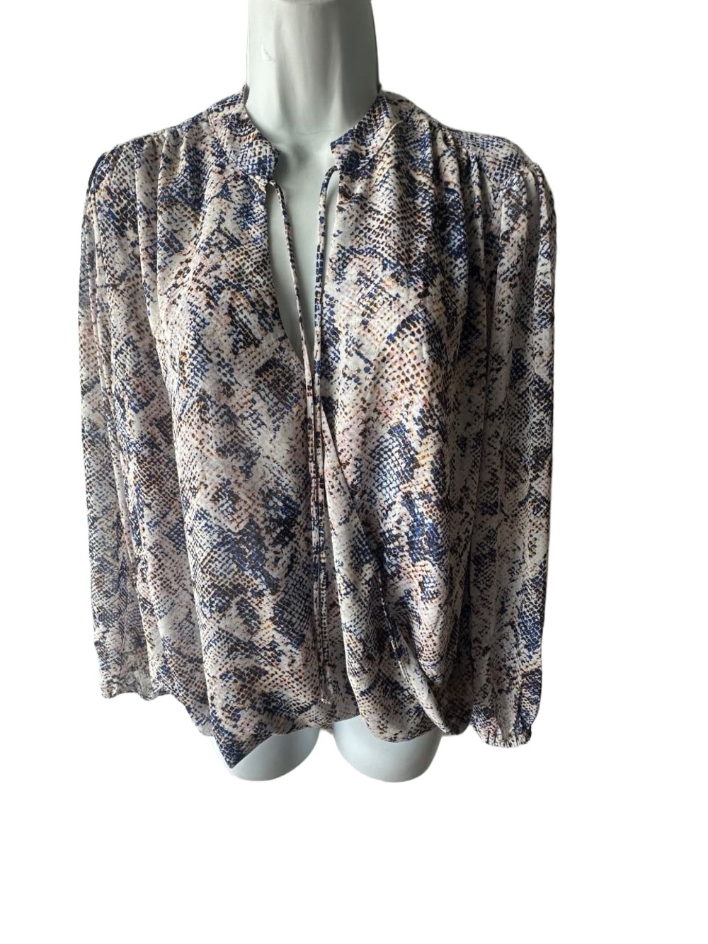 Veronica M Sheer Snakeskin Print Faux Wrap Tie Neck Blouse Size L Chic Looks Top